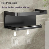 Phone resting on the raised-edge shelf of the wall mounted toilet roll holder