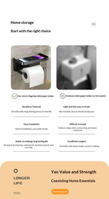 Toilet Paper Holder with Phone Shelf — Adhesive Wall Mount, No Drilling