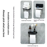 A collage showing three wall-mounted double-layer bathroom storage solutions on a gray tiled background: a tissue box holder with a tissue box, a toilet paper holder with a holder insert, and a double-layer tissue rack with bottles and diffusers. Text on the left says 'Always pick what you love' and 'Available in multiple colors.