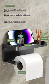 Toilet Paper Holder with Phone Shelf — Adhesive Wall Mount, No Drilling