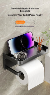 Toilet Paper Holder with Phone Shelf — Adhesive Wall Mount, No Drilling
