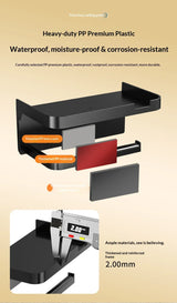 A promotional graphic for a black heavy-duty PP premium plastic wall-mounted shelf. The image includes marketing text highlighting waterproof, moisture-proof, and corrosion-resistant properties, a 3D exploded view showing the shelf and its bracket, a close-up inset of the shelf with a digital caliper measuring 2.