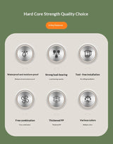 A promotional graphic with a dark olive green background and a large rounded white panel showing six feature icons and text: waterproof and moisture-proof, strong load-bearing, tool-free installation, free combination, thickened PP, and various colors. An orange badge at the top reads '4 Key Features.